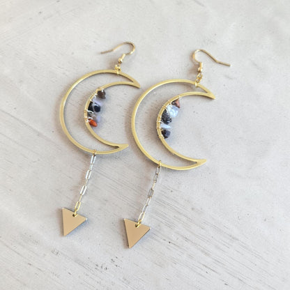 Fury Jewelry & Design gold-tone crescent moon dangle earrings with gemstone chips and geometric triangle charms.