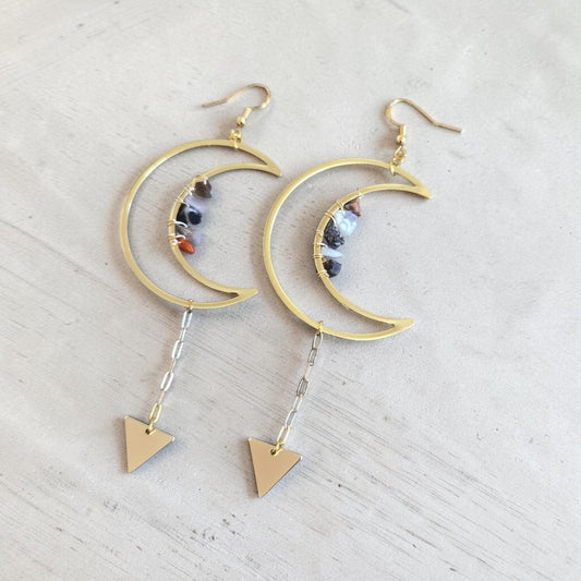 Fury Jewelry & Design gold-tone crescent moon dangle earrings with gemstone chips and geometric triangle charms.