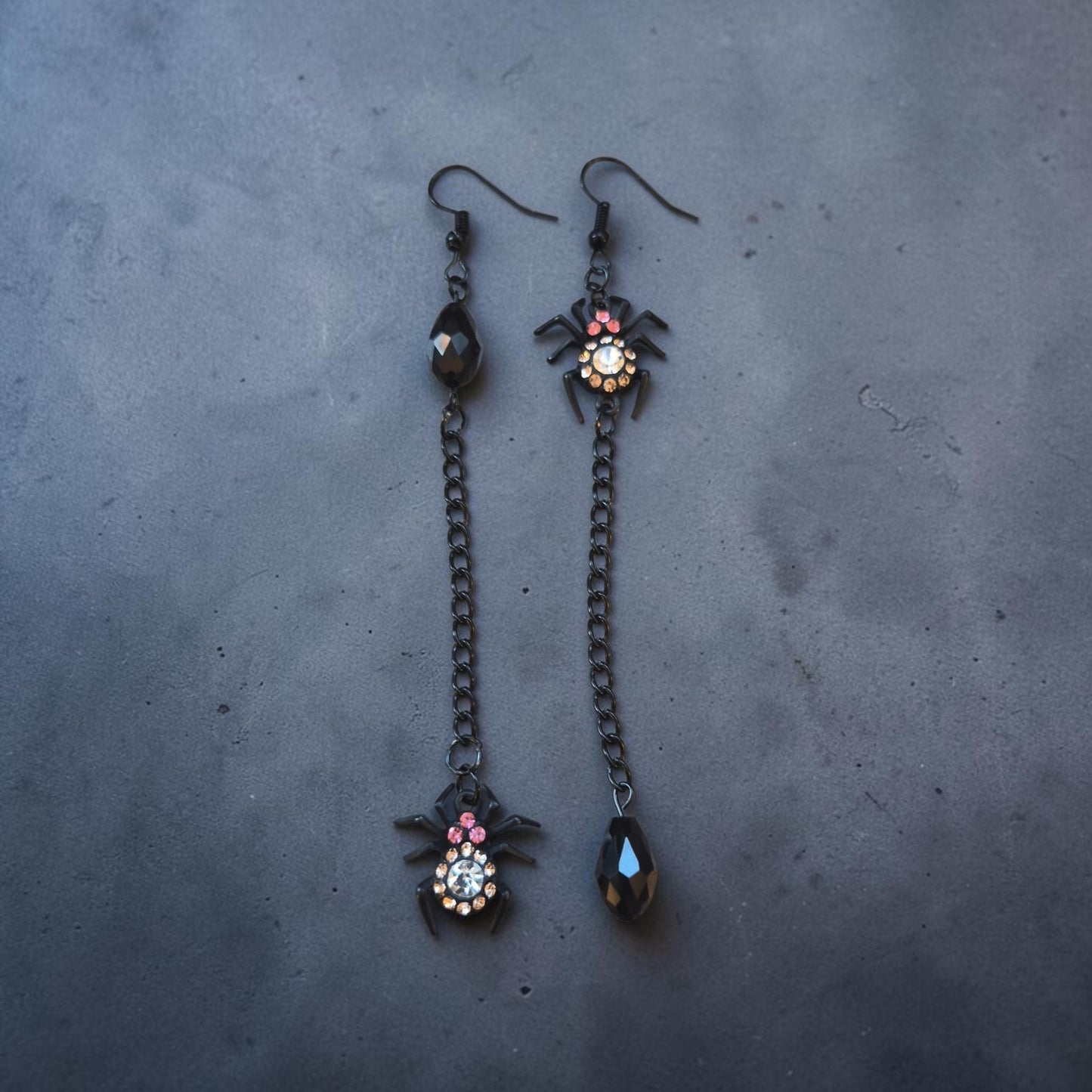 Asymmetrical Black Dangle Spider Earrings