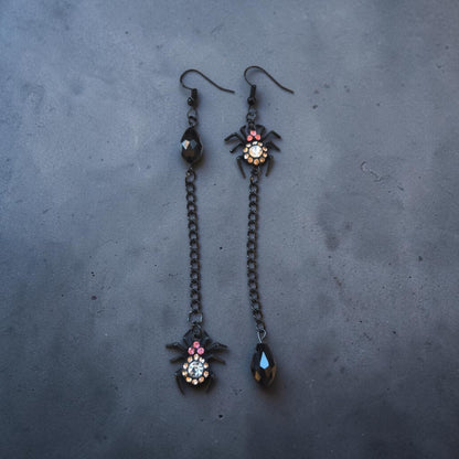 Asymmetrical Black Dangle Spider Earrings