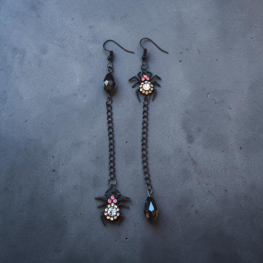 Asymmetrical Black Dangle Spider Earrings