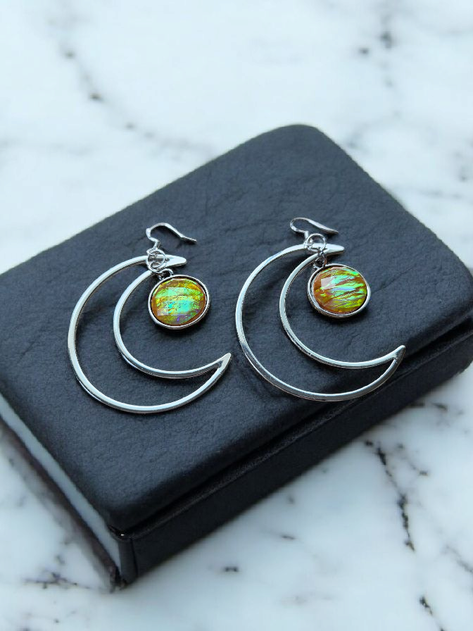 Large Silver Moons with Holographic Drops Earrings