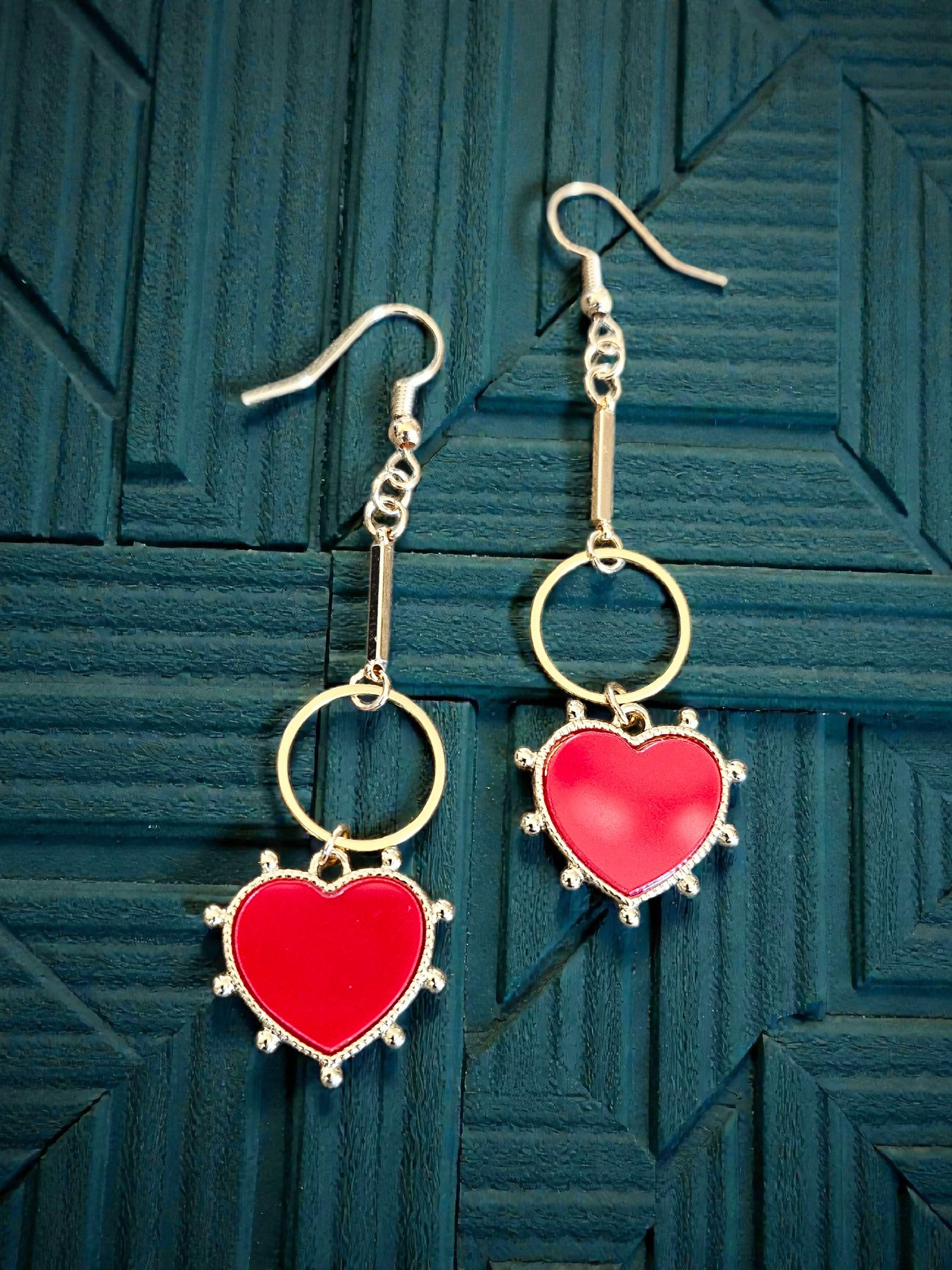 Red Hearts on Golden Circles and Bars Dangle Earrings