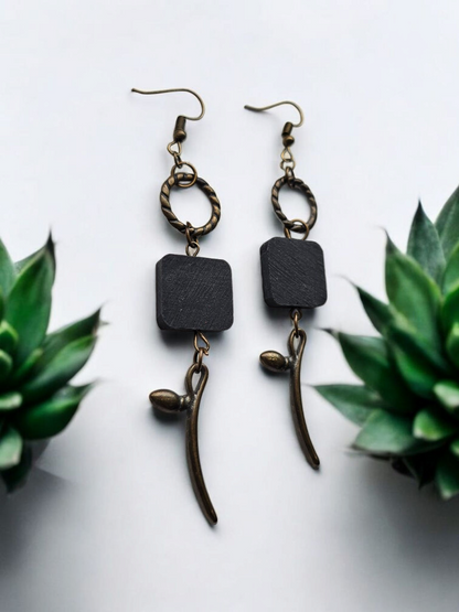 Upcycled Black Wood and Bronze Spring Flower Dangle Earrings