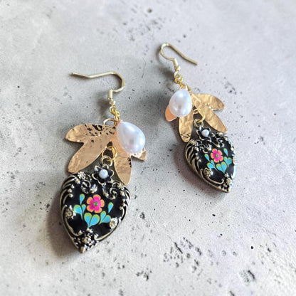 Black Floral Heart Lockets on Golden Dangle Earrings