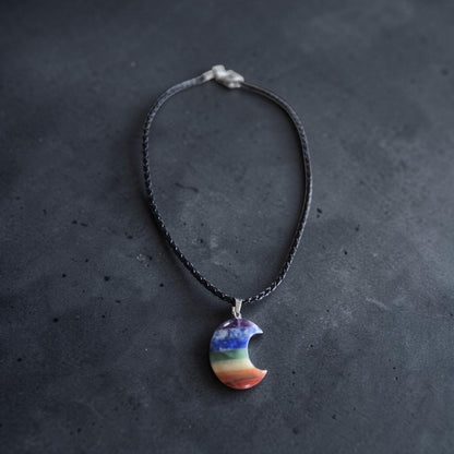 Rainbow Crescent Moon on Braided Leather Necklace