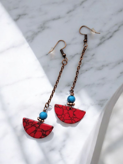 Upcycled Copper and Marbled Red Drop Dangle Earrings