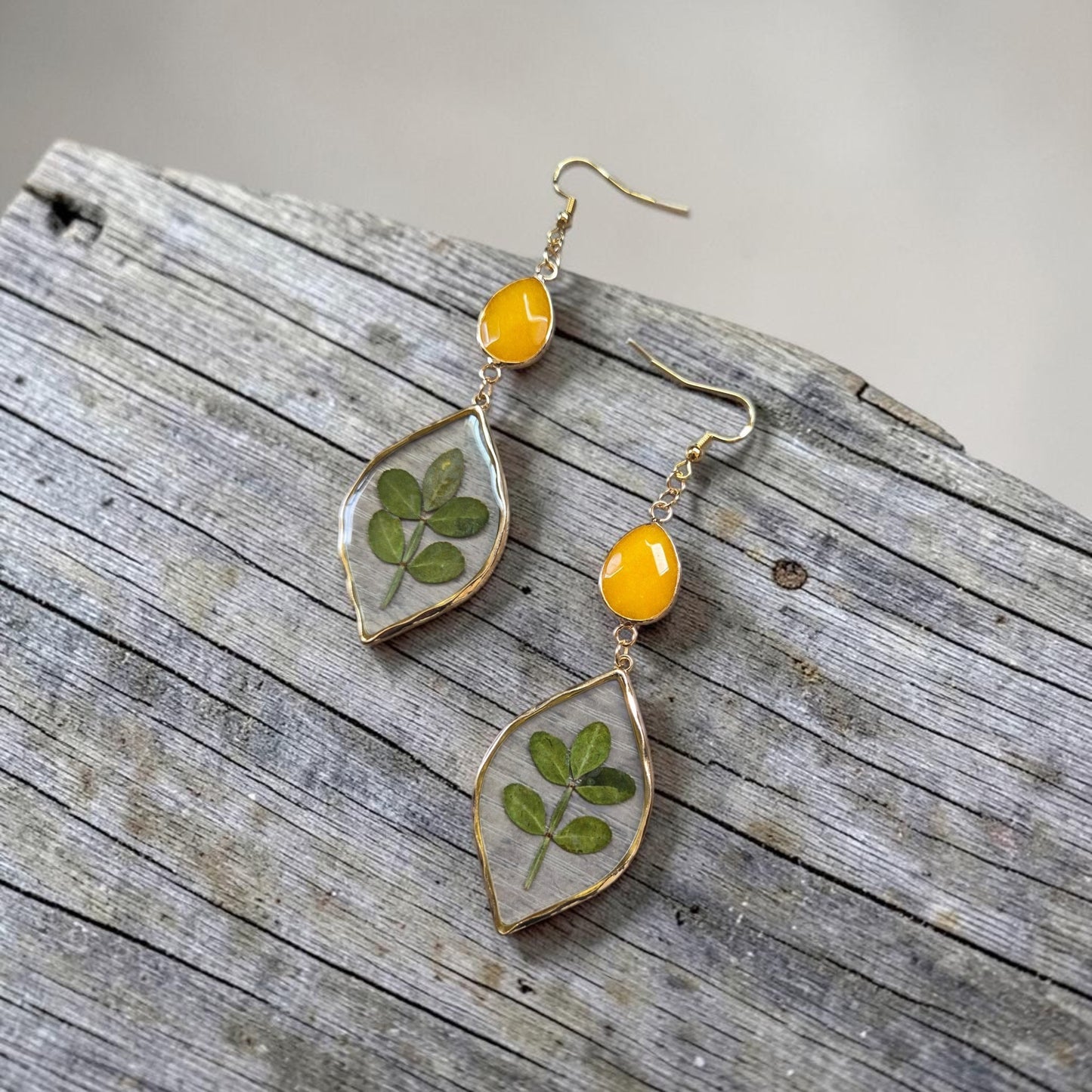 Yellow Amber Teardrops with Leaves in Resin Golden Dangle Earrings