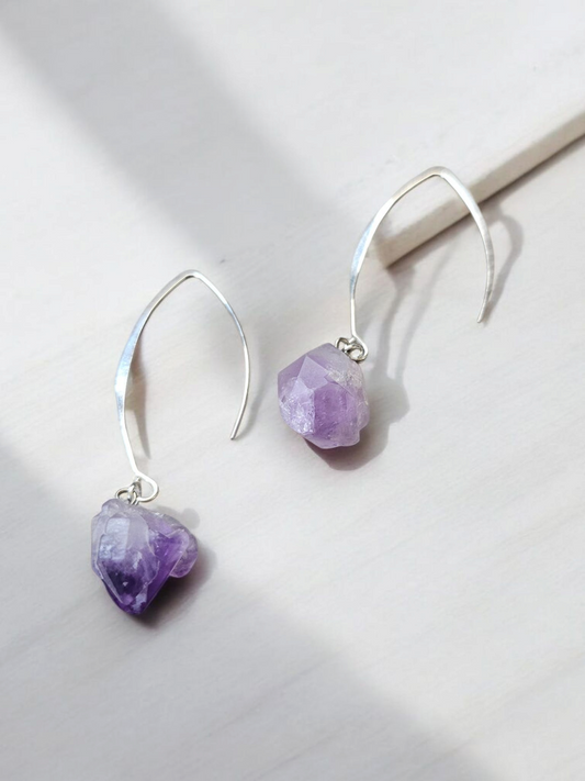 Genuine Amethyst Crystals on Silver V-Hook Earrings