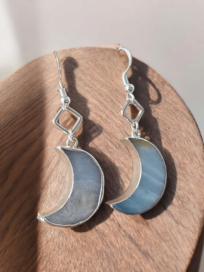 Silver Wrapped Rough Moonstone Moon Dangle Earrings