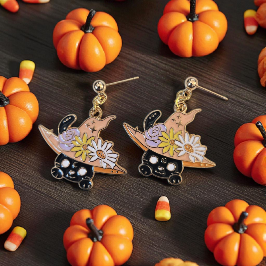 Black Cat and Floral Witch Hat Stud Earrings