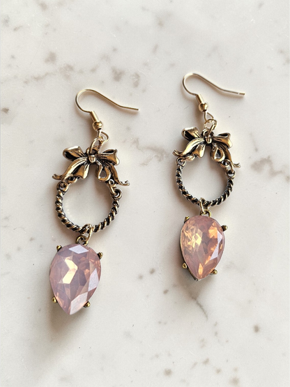 Baby Pink Gems on Golden Bow Knockers Dangle Earrings