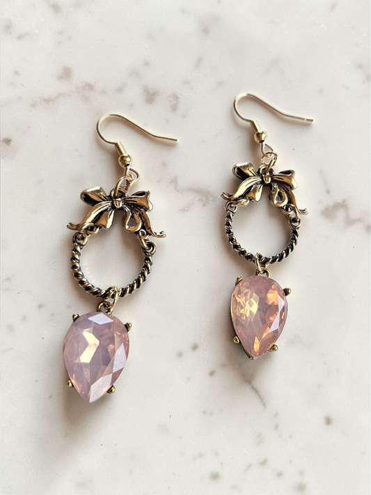 Baby Pink Gems on Golden Bow Knockers Dangle Earrings