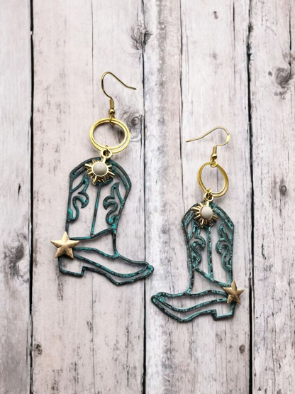 Teal and Spurs Upcycled Cowboy Boot Dangle Earrings