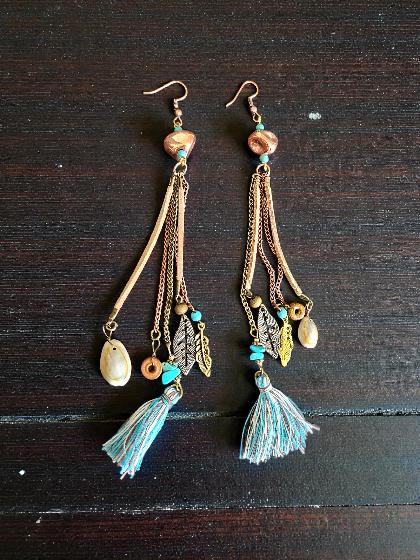 Upcycled Copper Beads with Extra Long Mixed Tassels Dangle Earrings