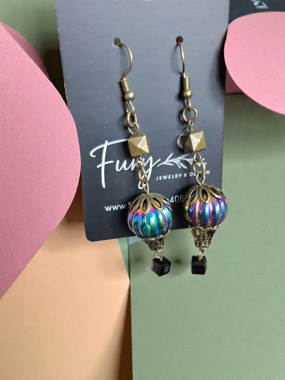 Upcycled Rainbow Sheen Hot Air Balloon Charms with Brass Accents Dangle Earrings