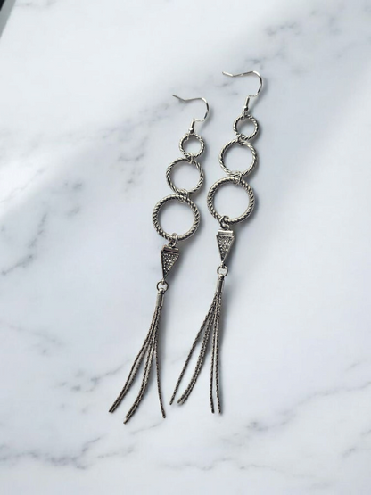 Silver Cascading Circles and Tassles Dangle Earrings