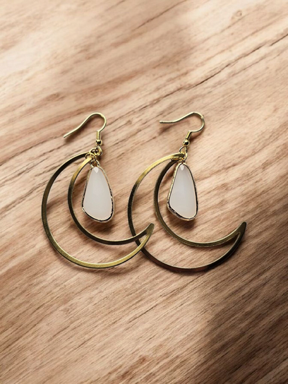 Large Brass Moons with Rose Quartz Teardrop Dangle Earrings