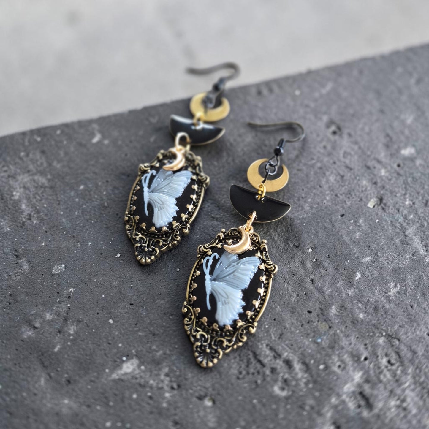 Black and Gold Moths and Moons Dangle Earrings