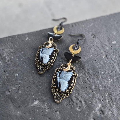 Black and Gold Moths and Moons Dangle Earrings