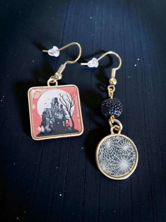 Haunted House And Spiderwebs Asymmetrical Dangles Earrings For Halloween Parties And Costume Jewelry