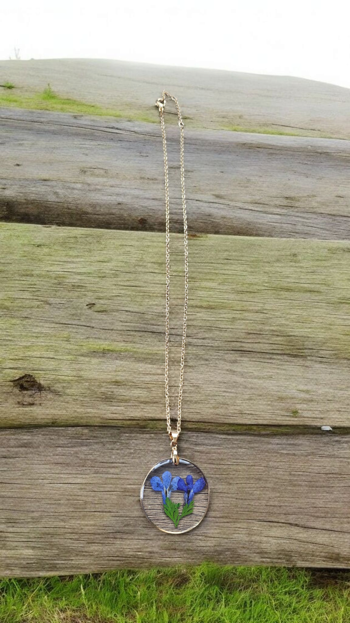 Blue Violet Pressed Flowers in Glass 16" Gold Chain Necklace