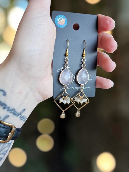 Gemstone Teardrops with Geometric Accents and Beads Dangle Earrings