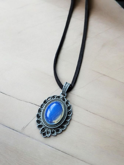 Moonstone Shimmer Pendant on Black Leather Necklace