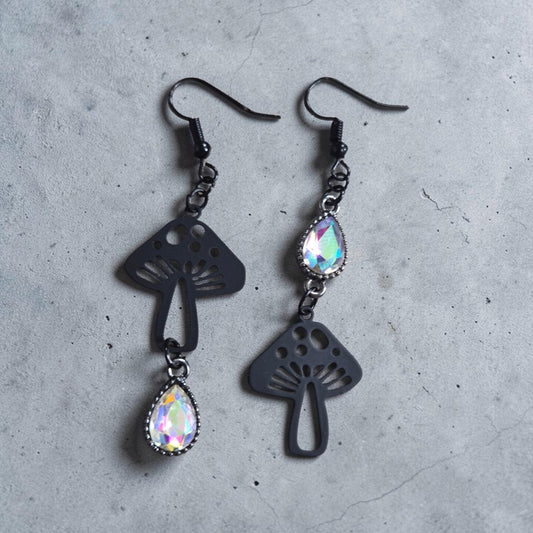 Asymmetrical Black Mushrooms with Iridescent Charms Dangle Earrings