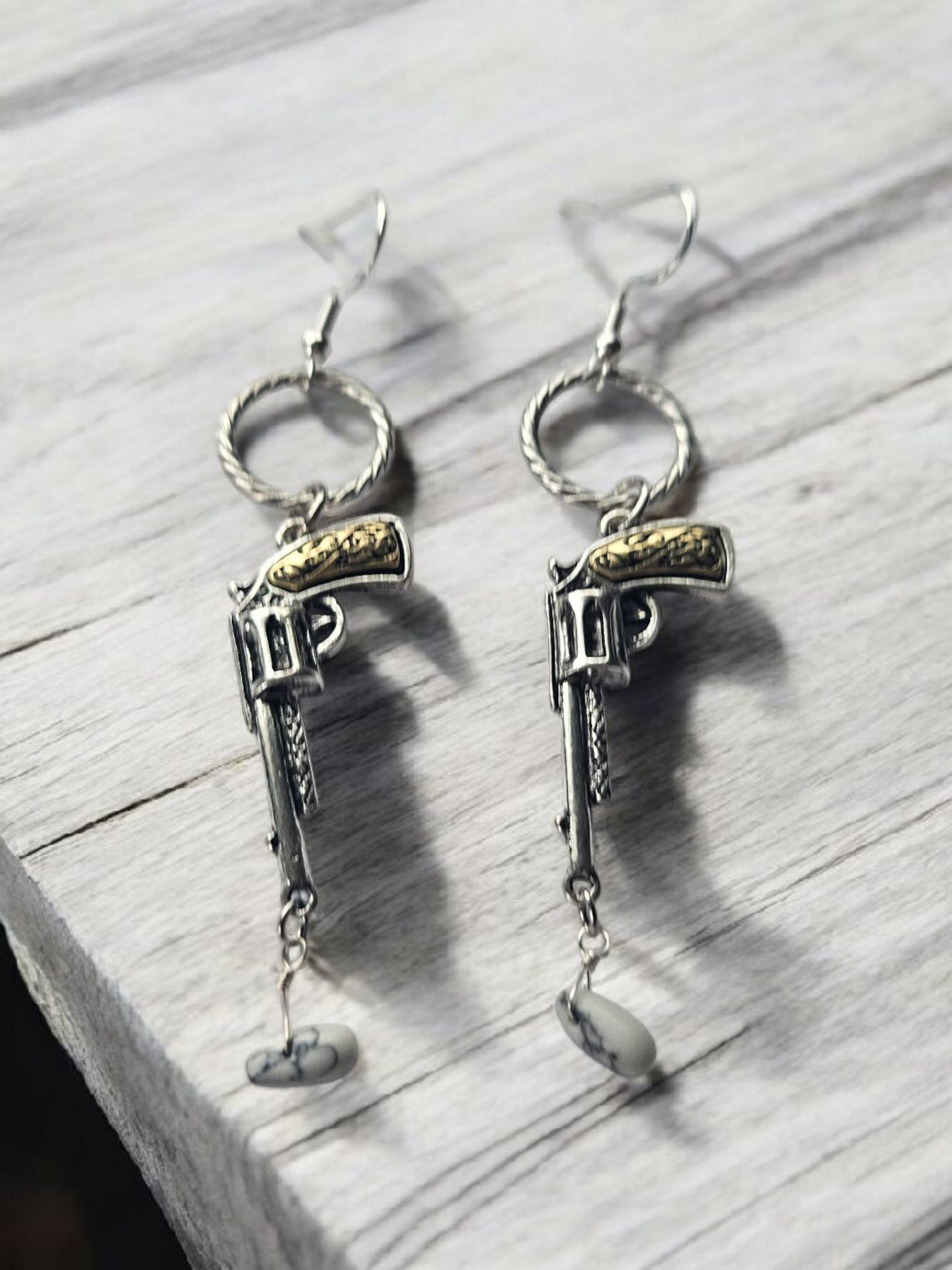 Silver and Gold Gun Dangle Earrings with Marble Teardrop