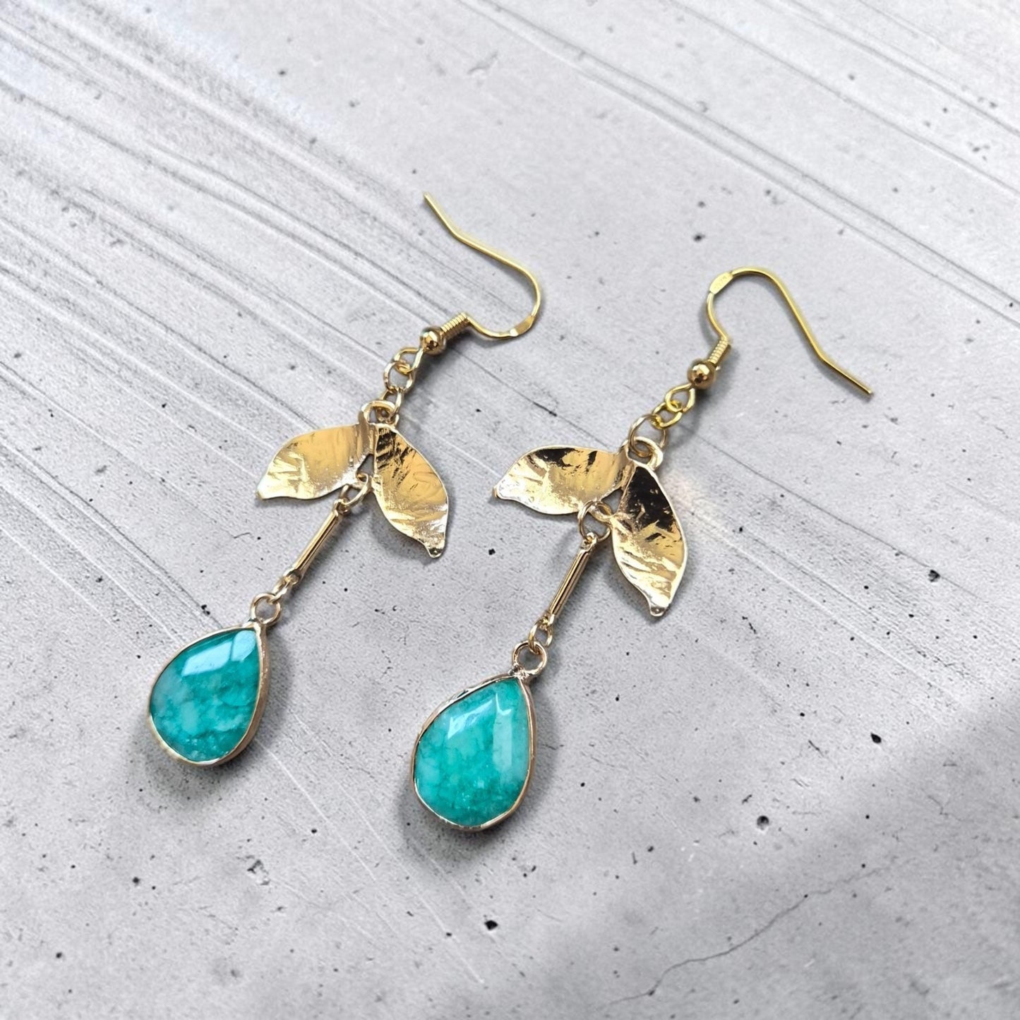 Blue Apatite Teardrops on Golden Leaves Dangle Earrings