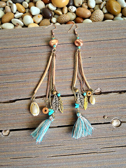 Upcycled Copper Beads with Extra Long Mixed Tassels Dangle Earrings