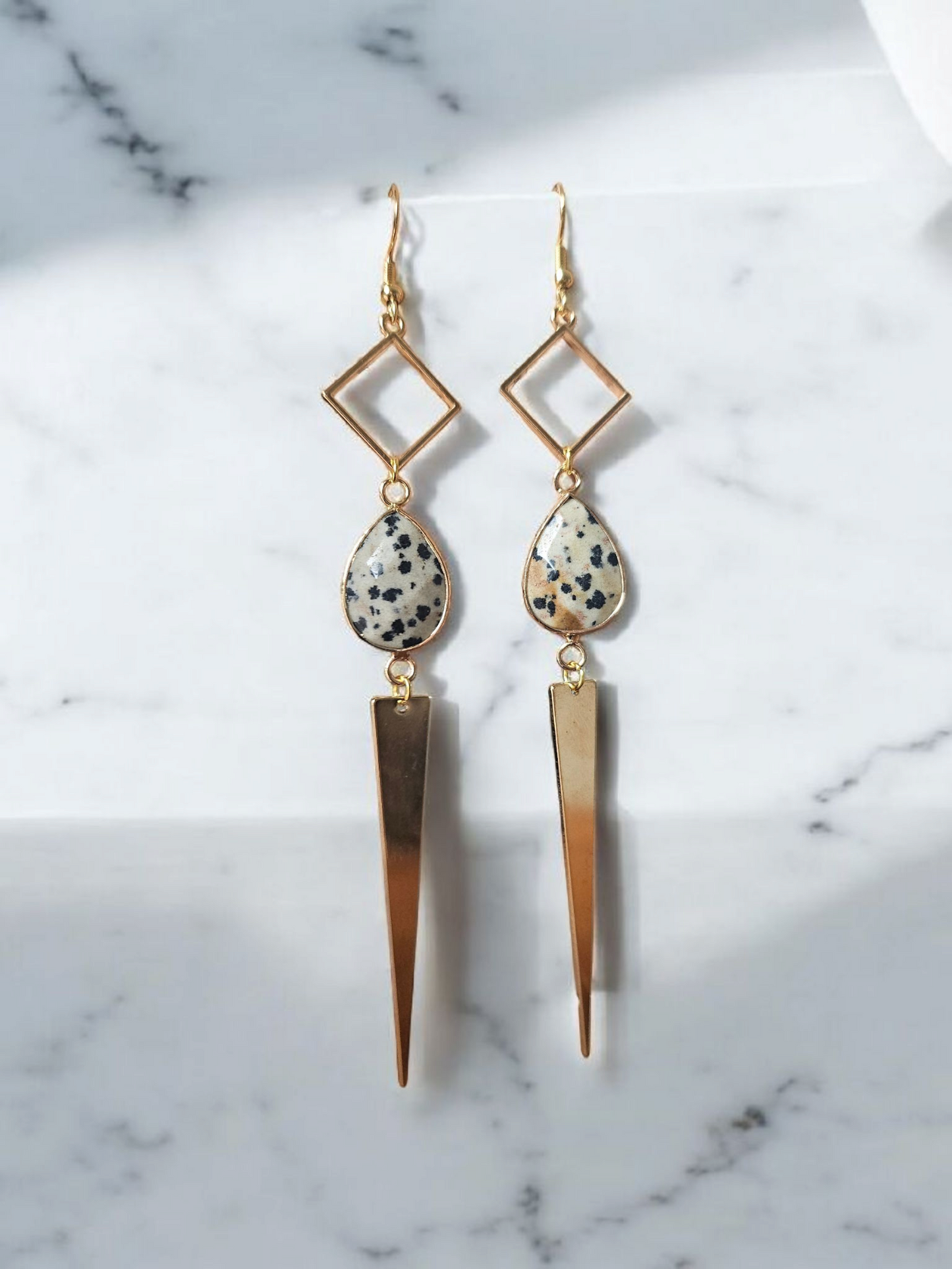 Dalmatian Jasper Gemstone on Geometric Dangle Long Earrings