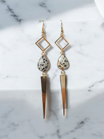 Dalmatian Jasper Gemstone on Geometric Dangle Long Earrings