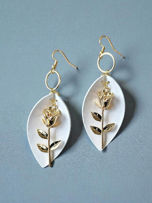 Upcycled Golden Rose Earrings with Gold Circles and White Leather Dangle Earrings