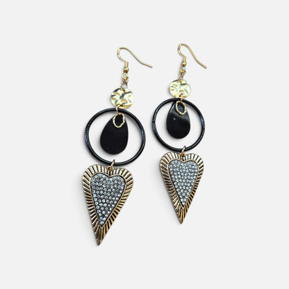 Upcycled Blingy Golden Hearts with Black Hoop Accents Dangle Earrings