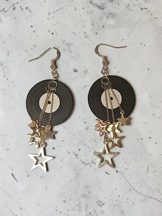 Record Disk Earrings with Shimmering Metal Stars Dangle Earrings