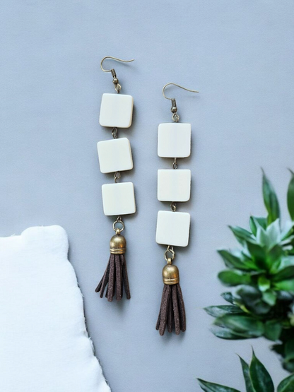White Squares with Brown Tassles Long Dangle Earrings