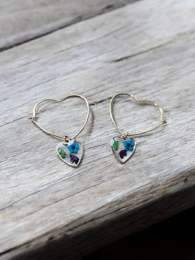 Pressed Flower Hearts on Gold Heart Hoops