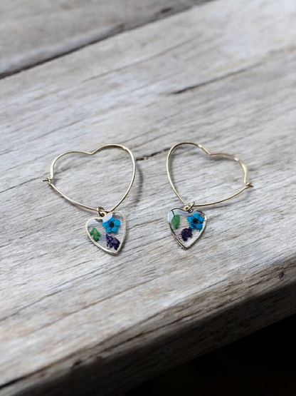 Pressed Flower Hearts on Gold Heart Hoops