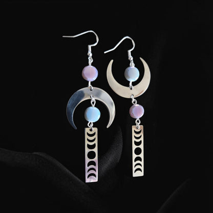 Asymmetrical Silvery Stages of the Moon Dangle Earrings