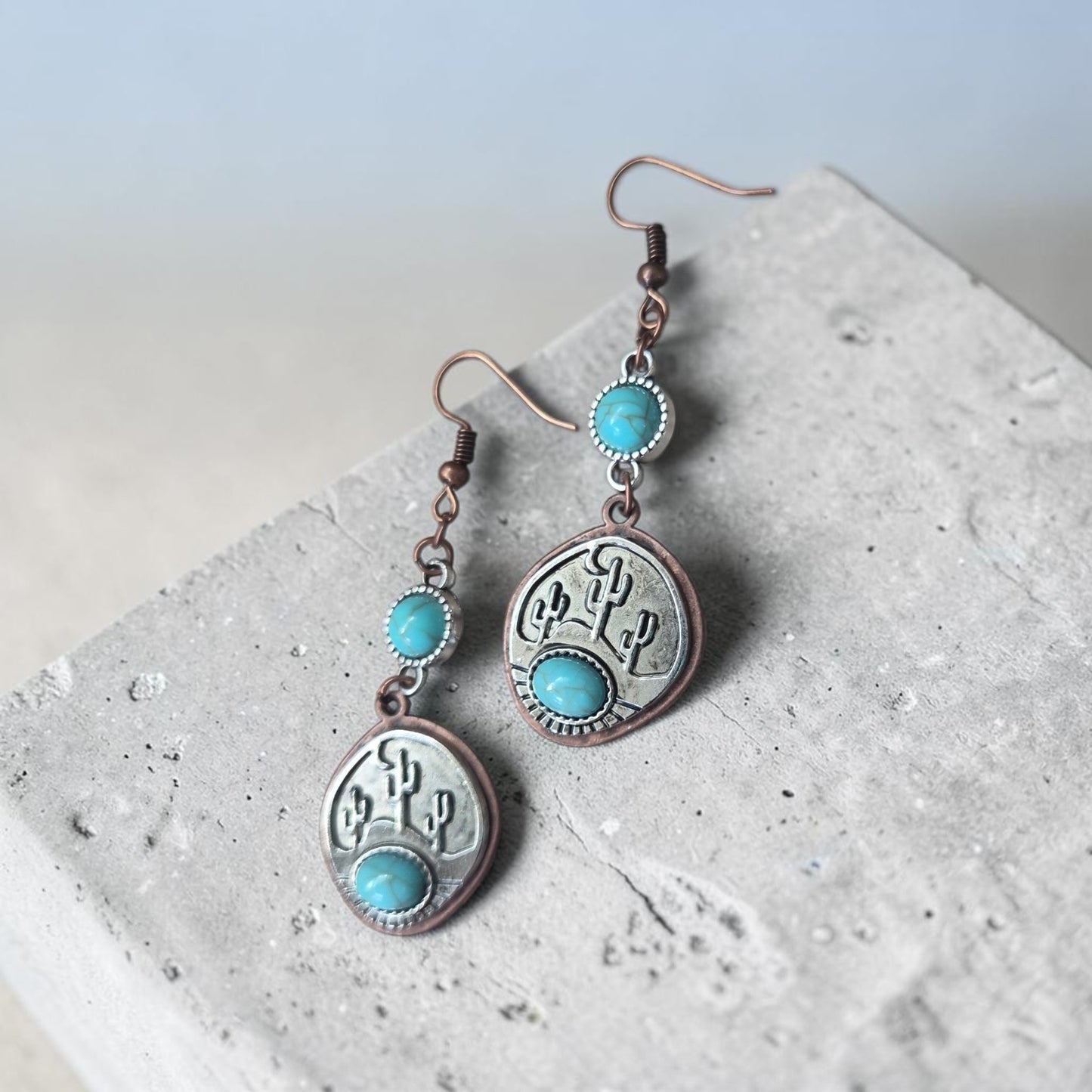 Copper and Turquoise Rounded Western Cactus Earrings