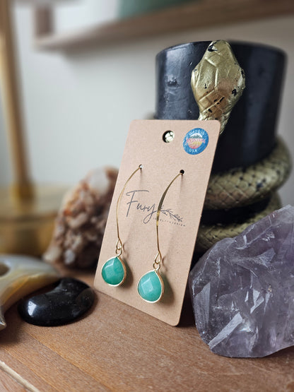 Blue Green Gemstone on Gold Dangle Earrings