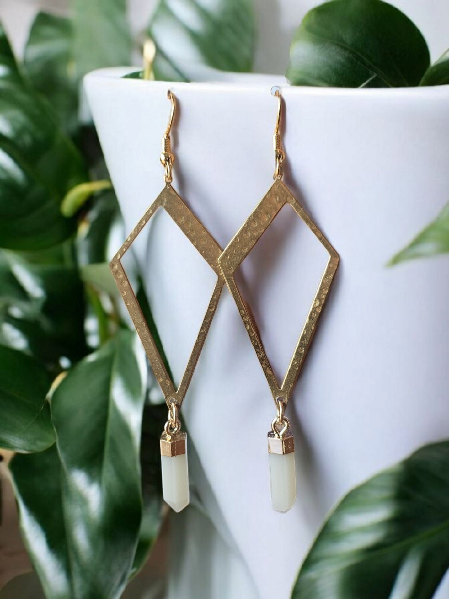Elongated Diamond Geometric Dangle Earrings with White Gemstone Teardrop