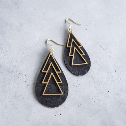 Upcycled Black Leather with Golden Trees Dangle Earrings