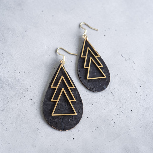 Upcycled Black Leather with Golden Trees Dangle Earrings