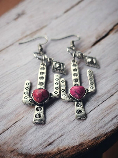 Upcycled Silver Cactus with Pink Heart Dangle Earrings