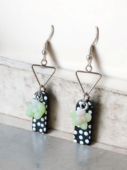 Navy Blue Polka Dots and Succulents Dangle Earrings