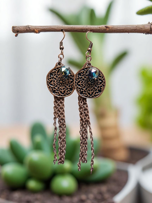 Copper Medallion on Chain Tassles Dangle Earrings