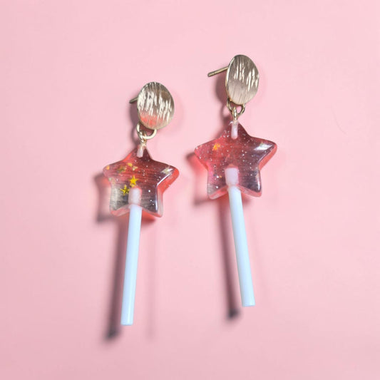 Pink Fairy Wand on Golden Studs